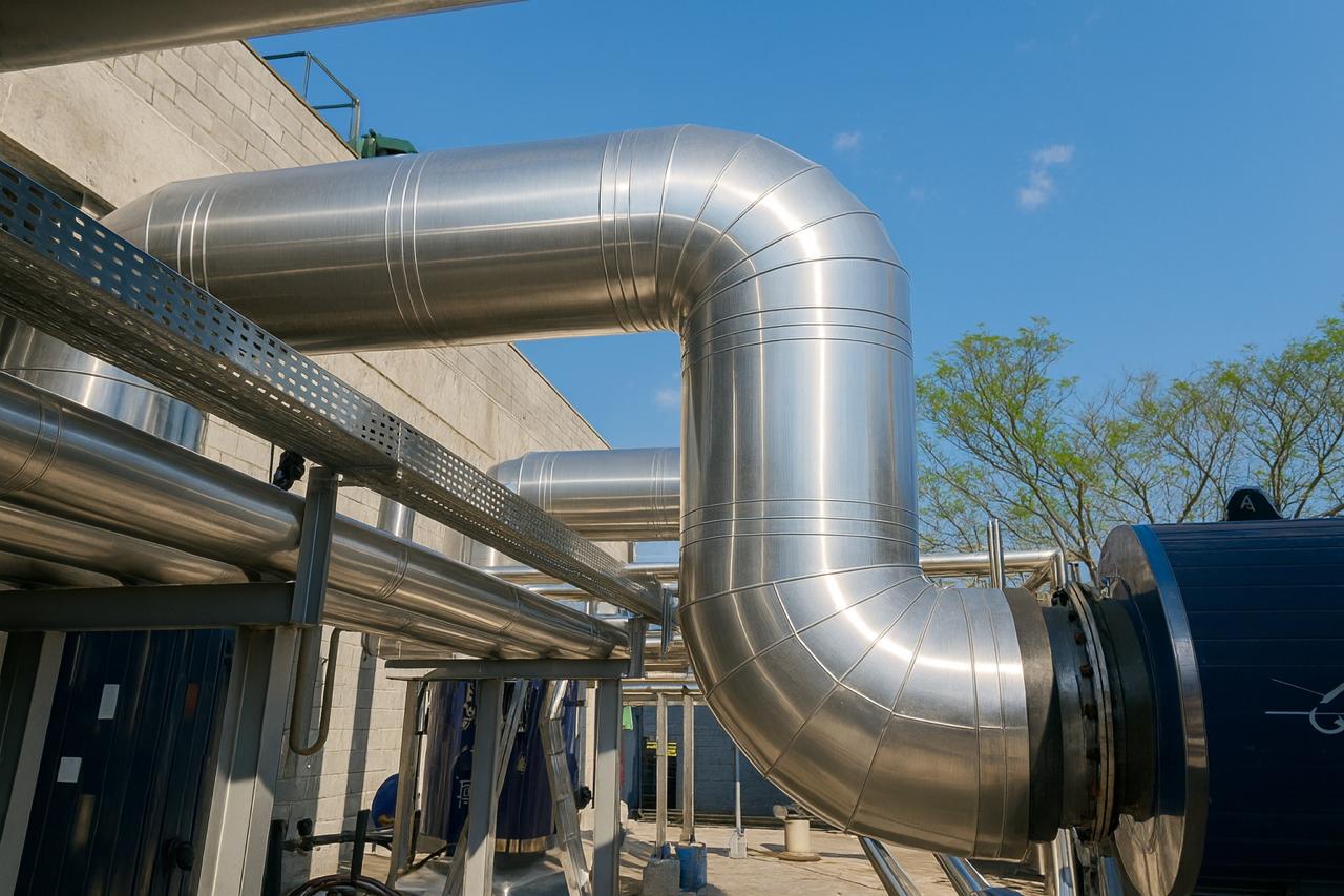 Tubulação metálica industrial instalada em planta externa